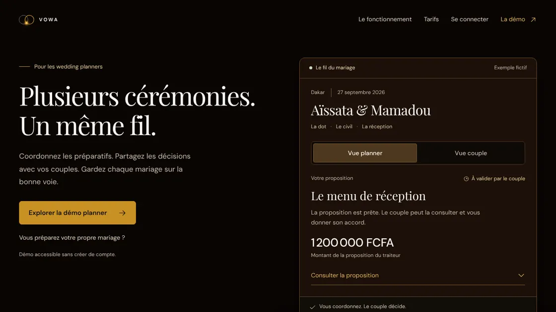 Page d’accueil de VOWA : « Plusieurs cérémonies. Un même fil. », avec l’exemple d’un mariage en trois cérémonies.